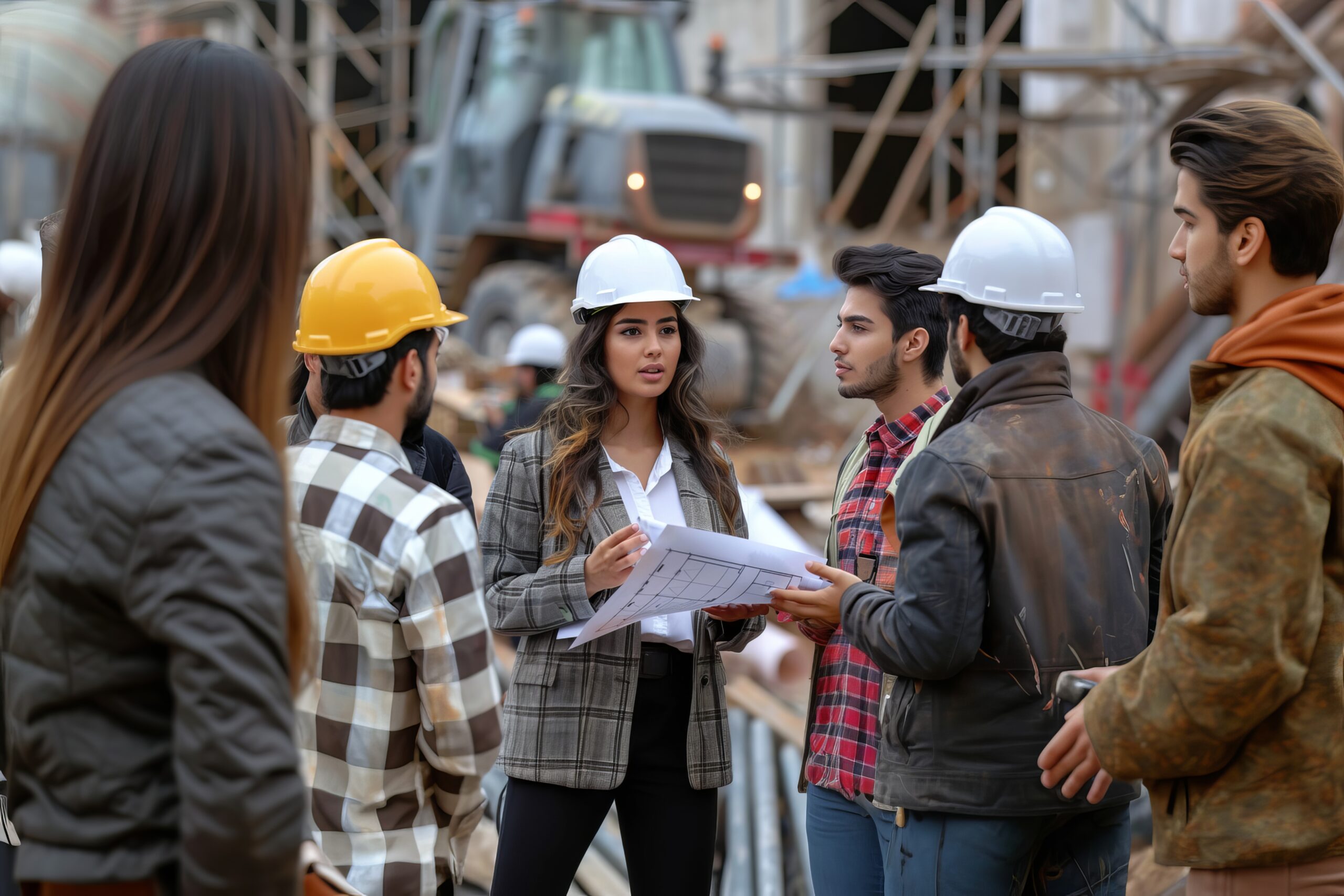 A woman who is the chief engineer at a construction site, wearing formal clothes and a white hard hat, talking to her employees while holding a blueprint in her hand --no close up --chaos 100 --ar 3:2 --style raw --sref https://s.mj.run/VKClpvl3dMQ --sw 700 --stylize 1000 Job ID: 5530a289-507c-49e0-9bbf-4898e84336c7